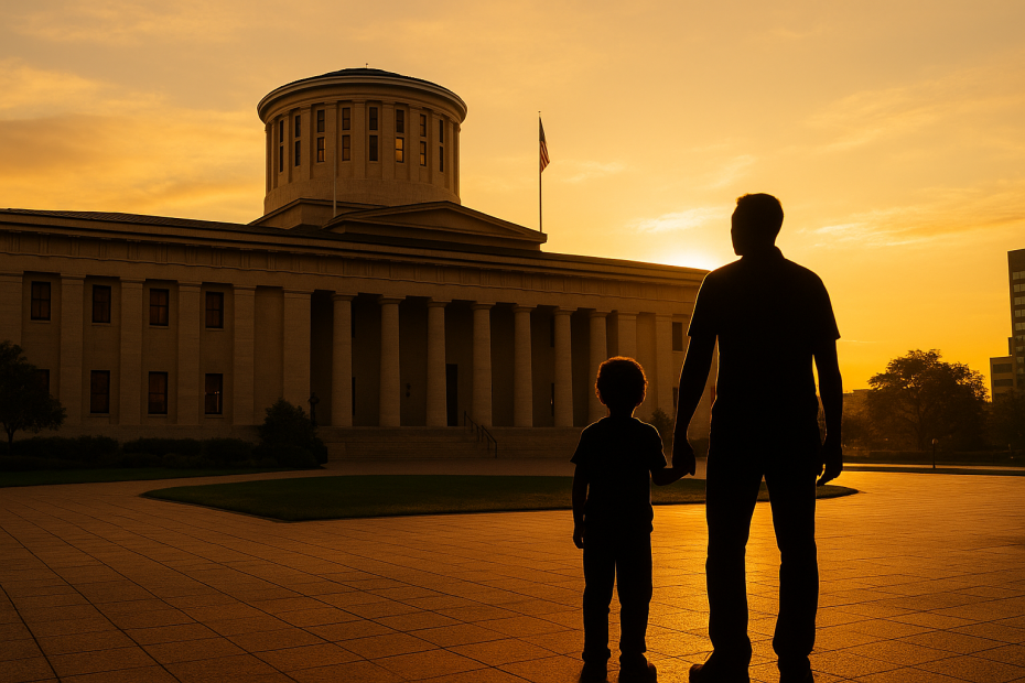 Father and child silhouette in front of the Ohio Statehouse at sunset